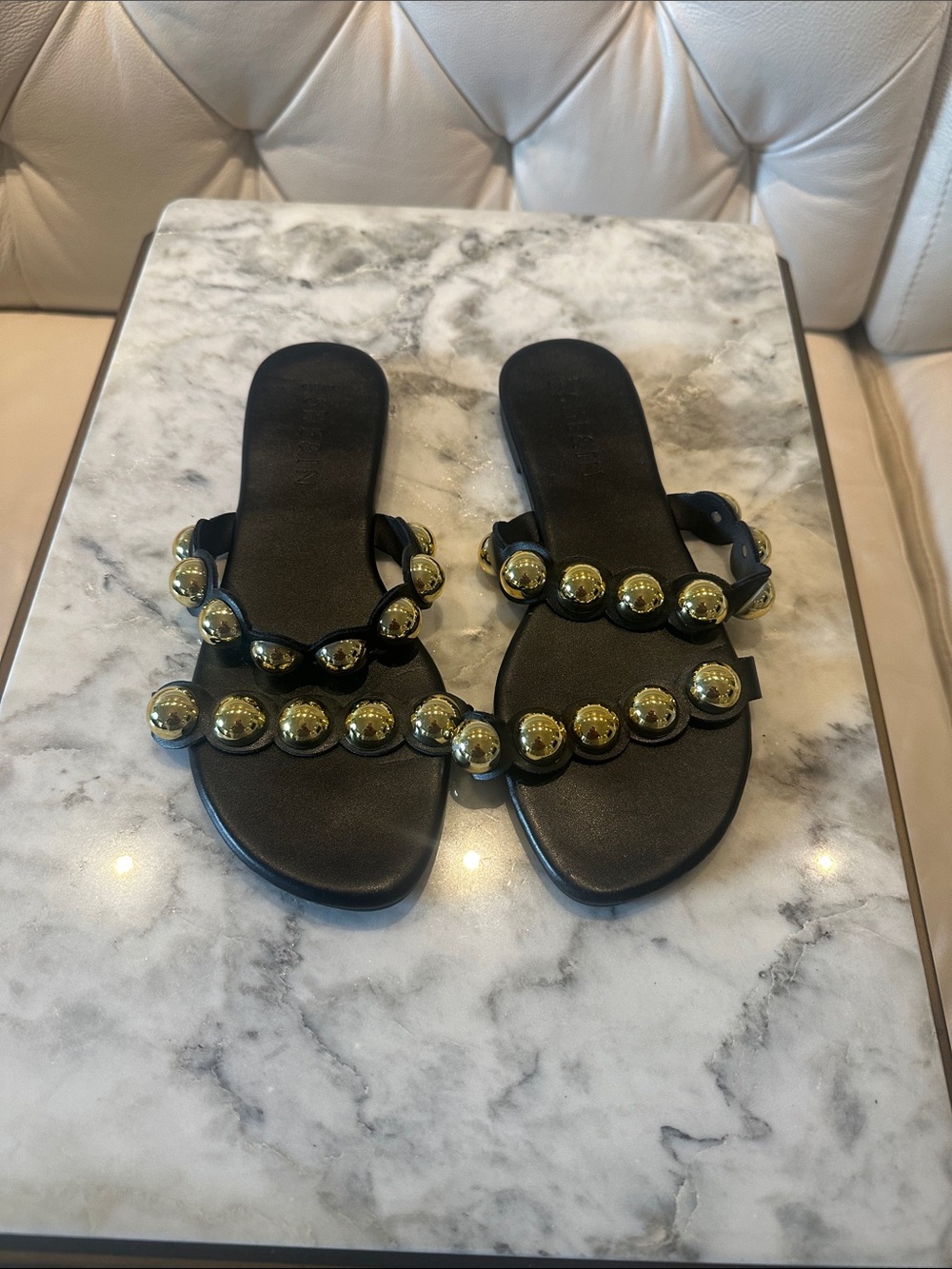 SHEIN Black Slide Sandals with Gold Orb Studs